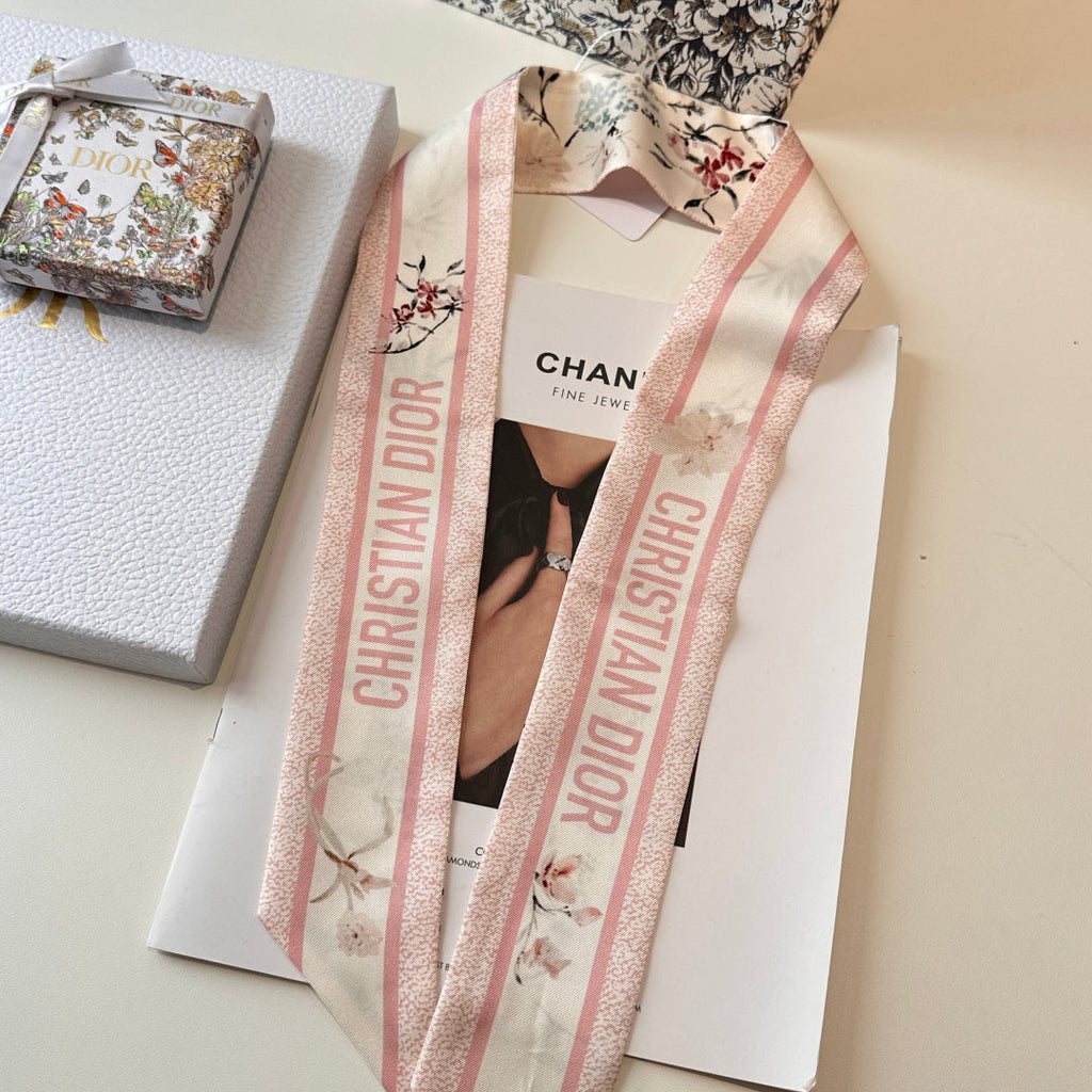 CD Twilly Mini Scarf 105 Pink Floral Pattern Silk Twill 147670