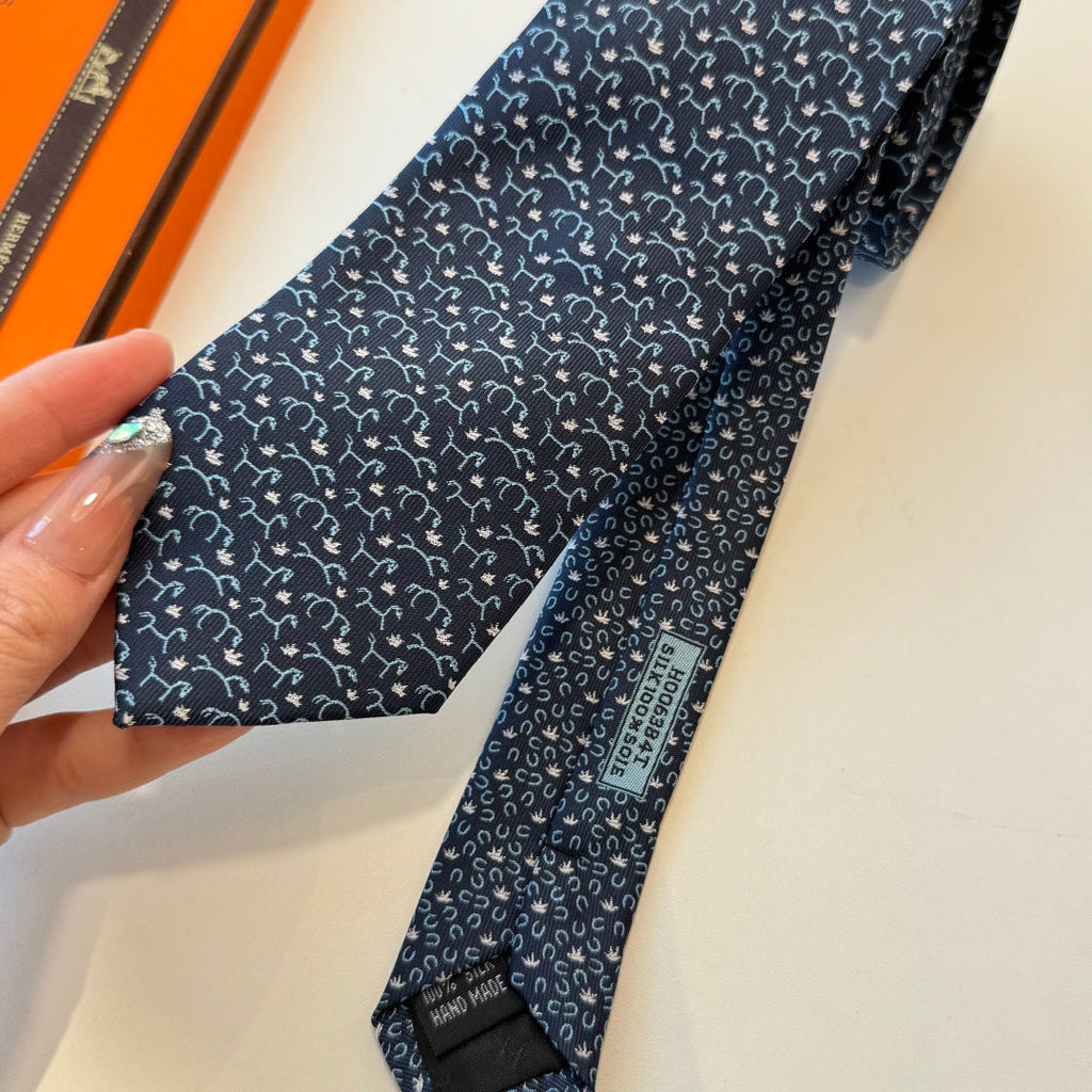 HM Horse Pattern Tie Dark Blue Twill Silk 212123