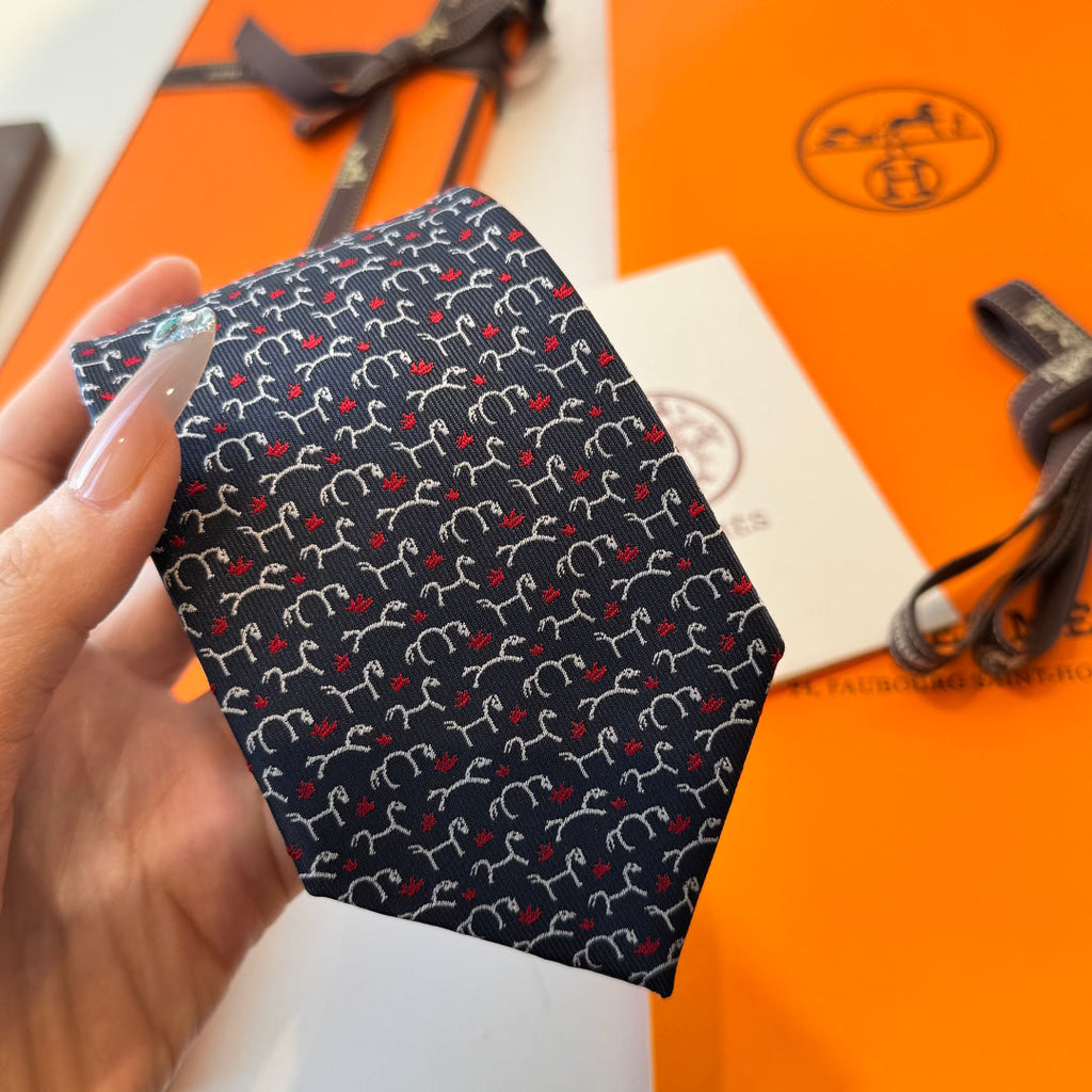 HM Horse Pattern Tie Navy Blue Twill Silk 212127