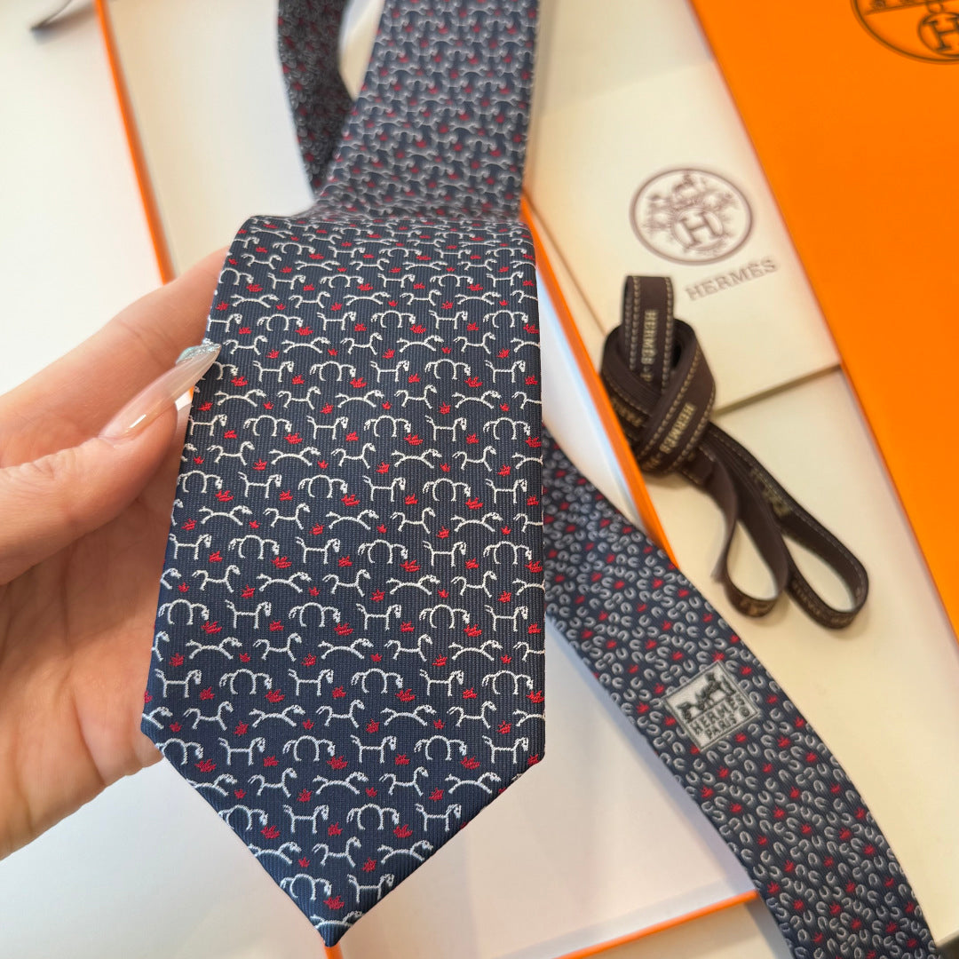 HM Horse Pattern Tie Navy Blue Twill Silk 212127
