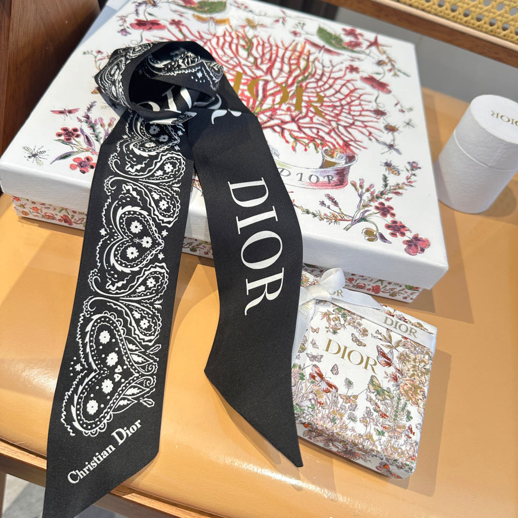 CD Twilly Mini Scarf 105cm Black White Mulberry Silk 968856