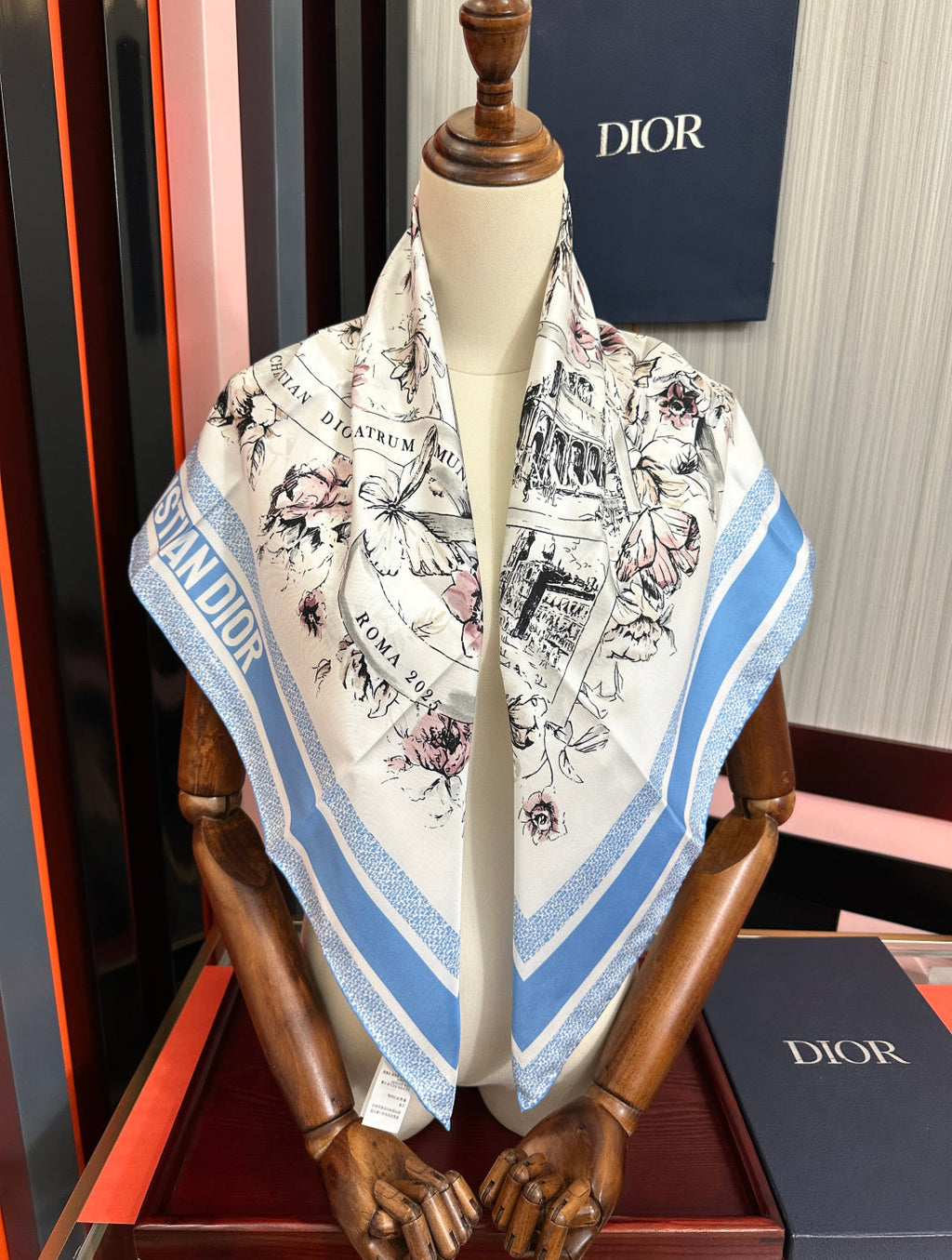 CD Souvenir de Rome Scarf 90x90 Blue White Silk 333457