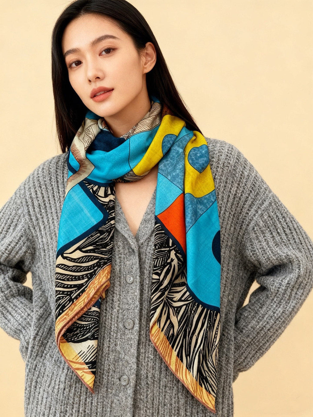 HM 26s Double-sided Scarf 140cm Bleu Yellow Silk Cashmere 153140