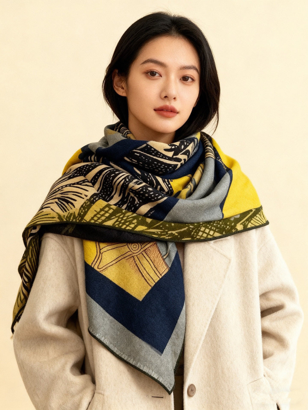HM 26s Double-sided Scarf 140cm Bleu Jean Jaune Silk Cashmere 153141