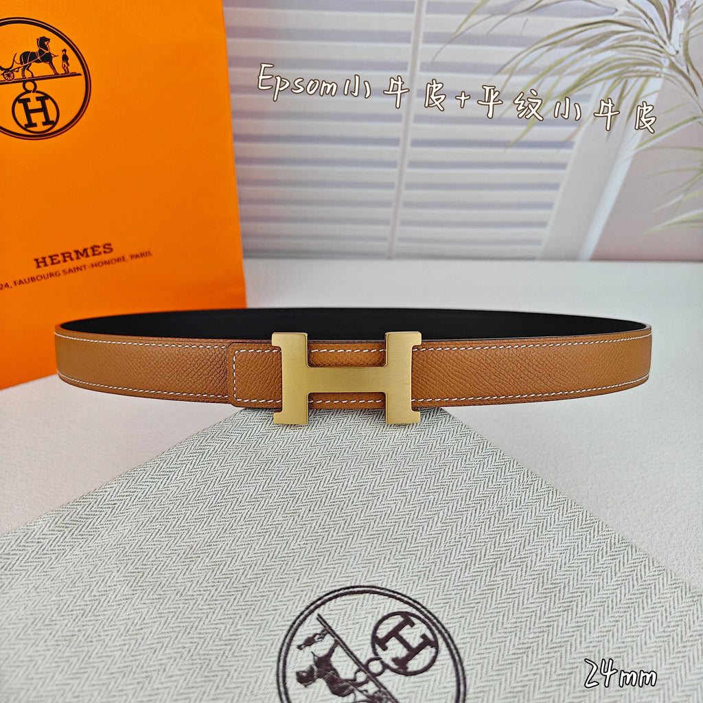H Guillochee Buckle Belt 2.4cm Tan Espom 211243