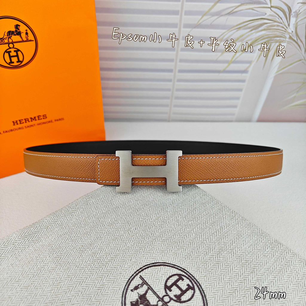 H Guillochee Buckle Belt 2.4cm Tan Espom 211243