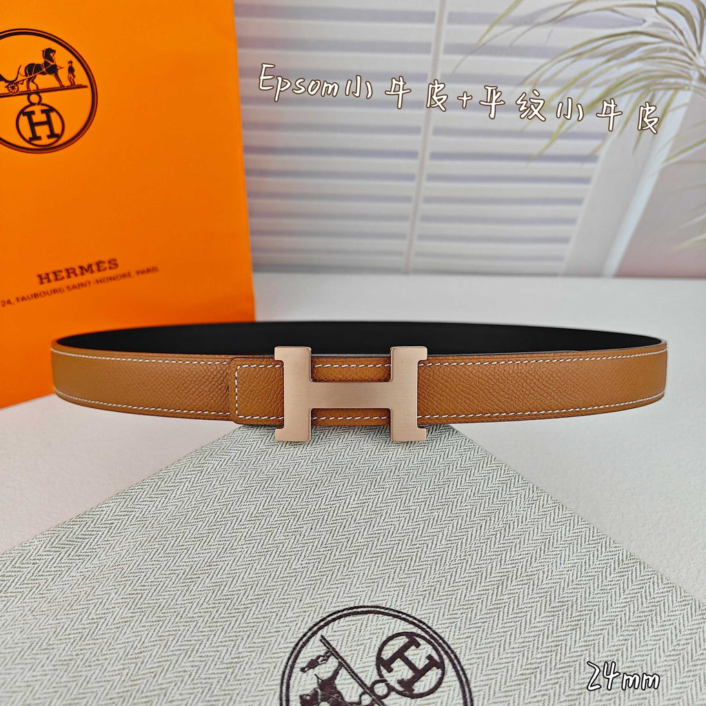 H Guillochee Buckle Belt 2.4cm Tan Espom 211243