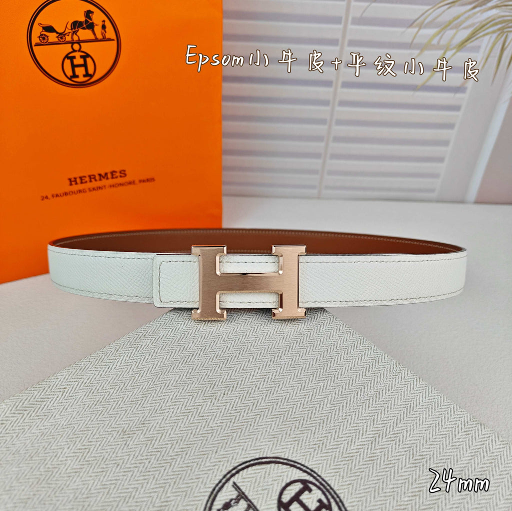 H Guillochee Buckle Belt 2.4cm Tan White Espom 211232