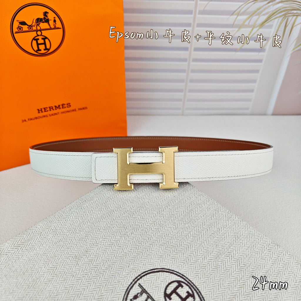 H Guillochee Buckle Belt 2.4cm Tan White Espom 211232