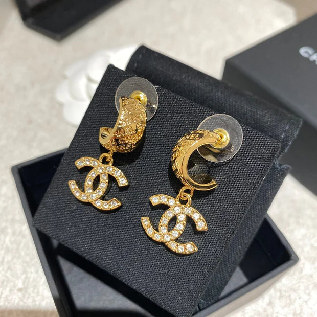 CC Letter Hook Gold Diamond Earrings