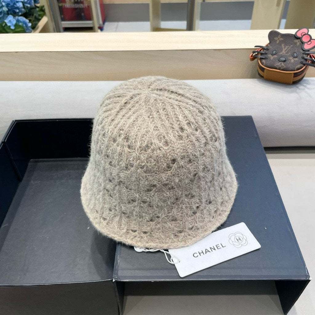 BUCKET HAT KHAKI BROWN KNITTED FABRIC WITH RABBIT FUR 428091