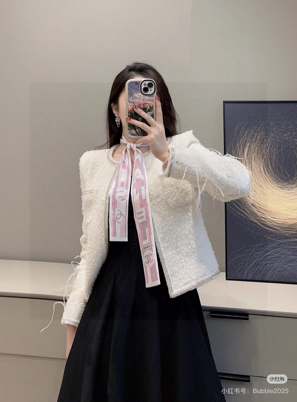 CC Twilly Mini Scarf 120cm White Pink Mulberry Silk 924596