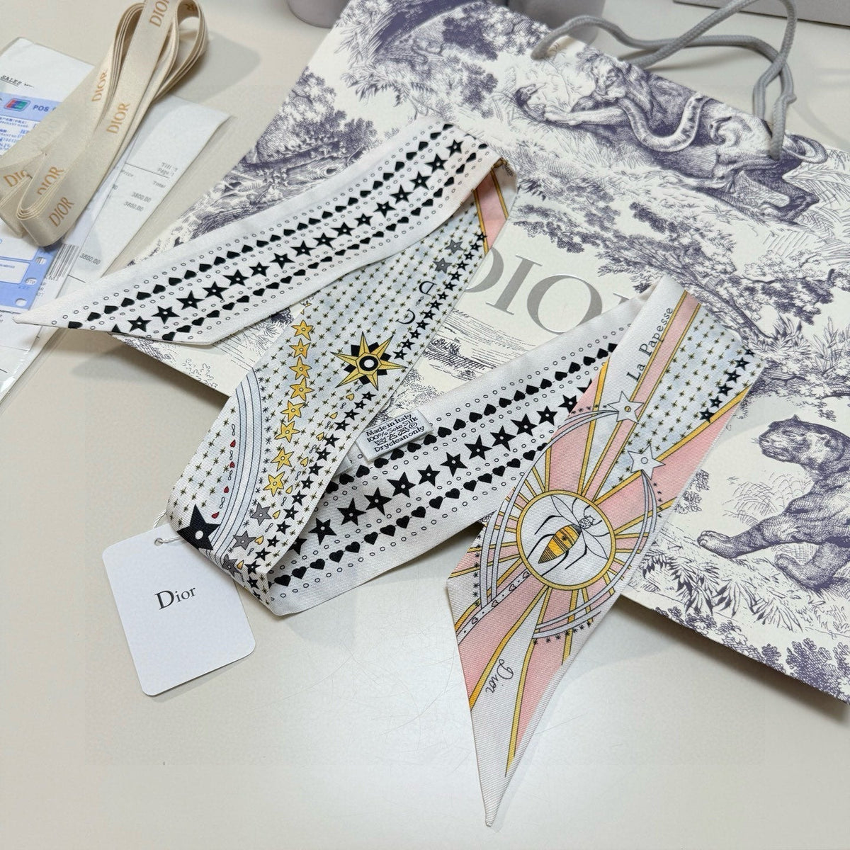 CD Twilly Mini Scarf 105cm Tarot Card White Pink Mulberry Silk 928084