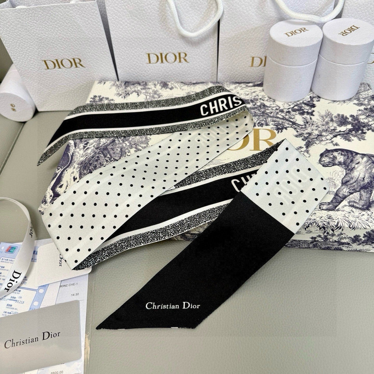 CD Twilly Mini Scarf 105cm Black White Mulberry Silk 957050