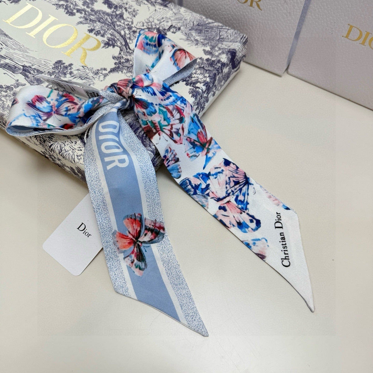 CD Twilly Mini Scarf 105cm Butterfly Light Blue Mulberry Silk 976489