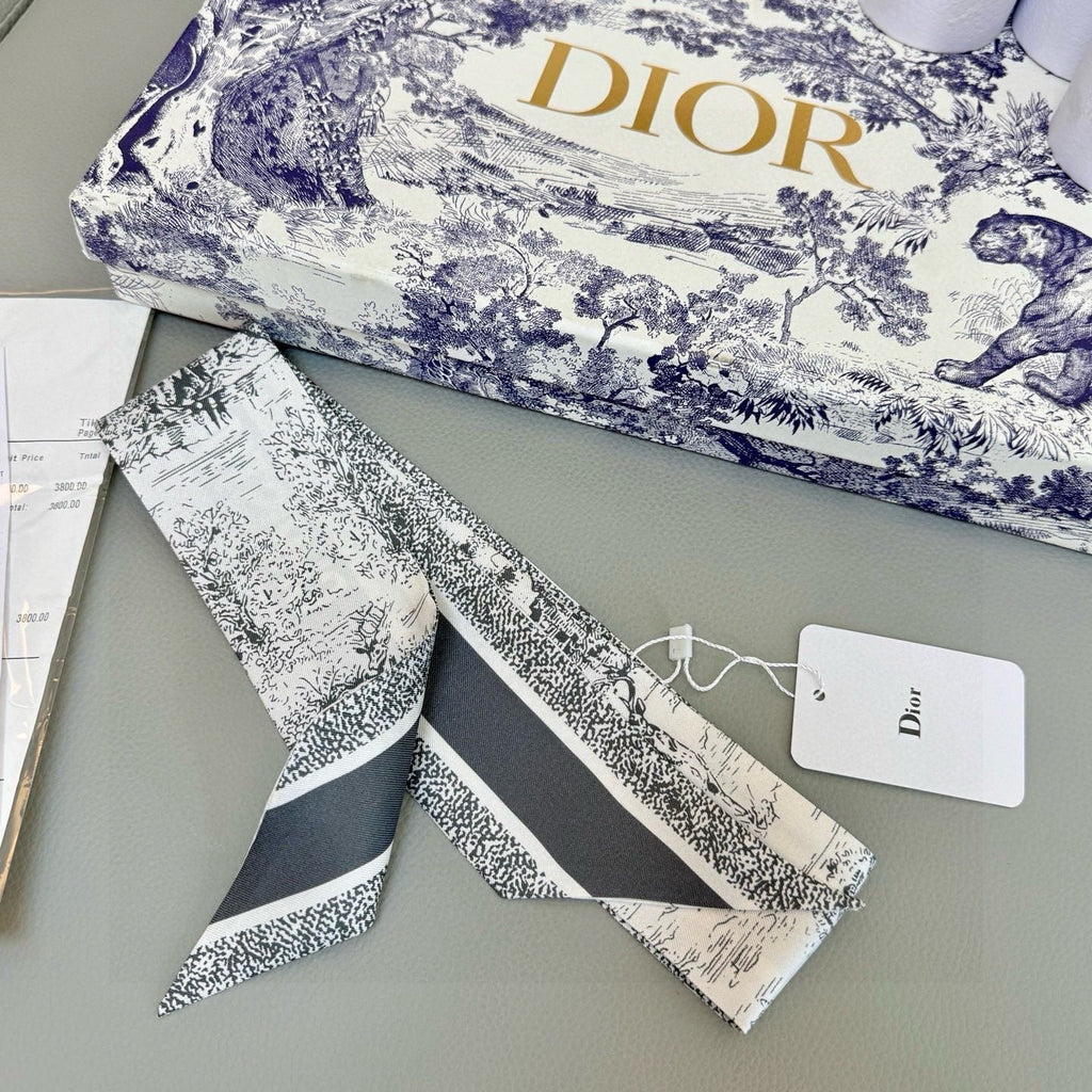 CD Twilly Mini Scarf 105cm Black White Mulberry Silk 976492