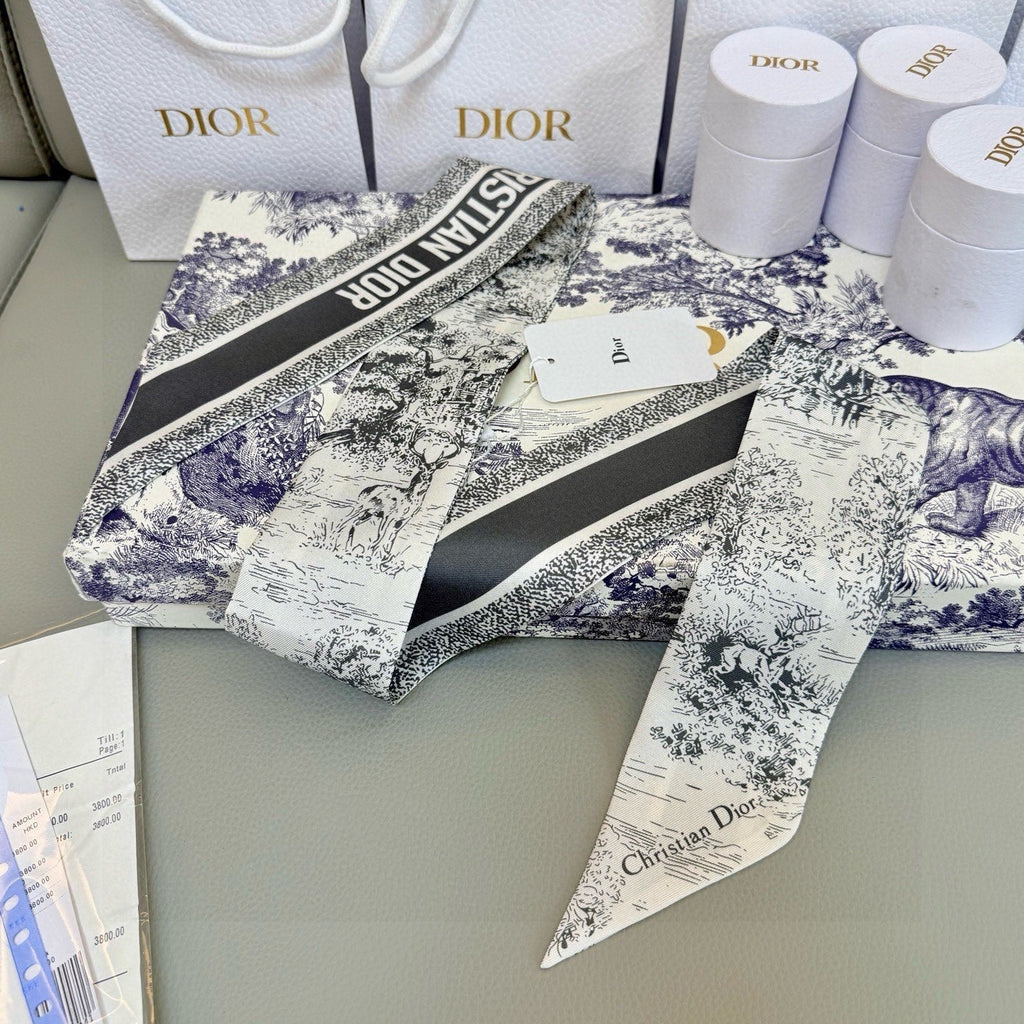 CD Twilly Mini Scarf 105cm Black White Mulberry Silk 976492