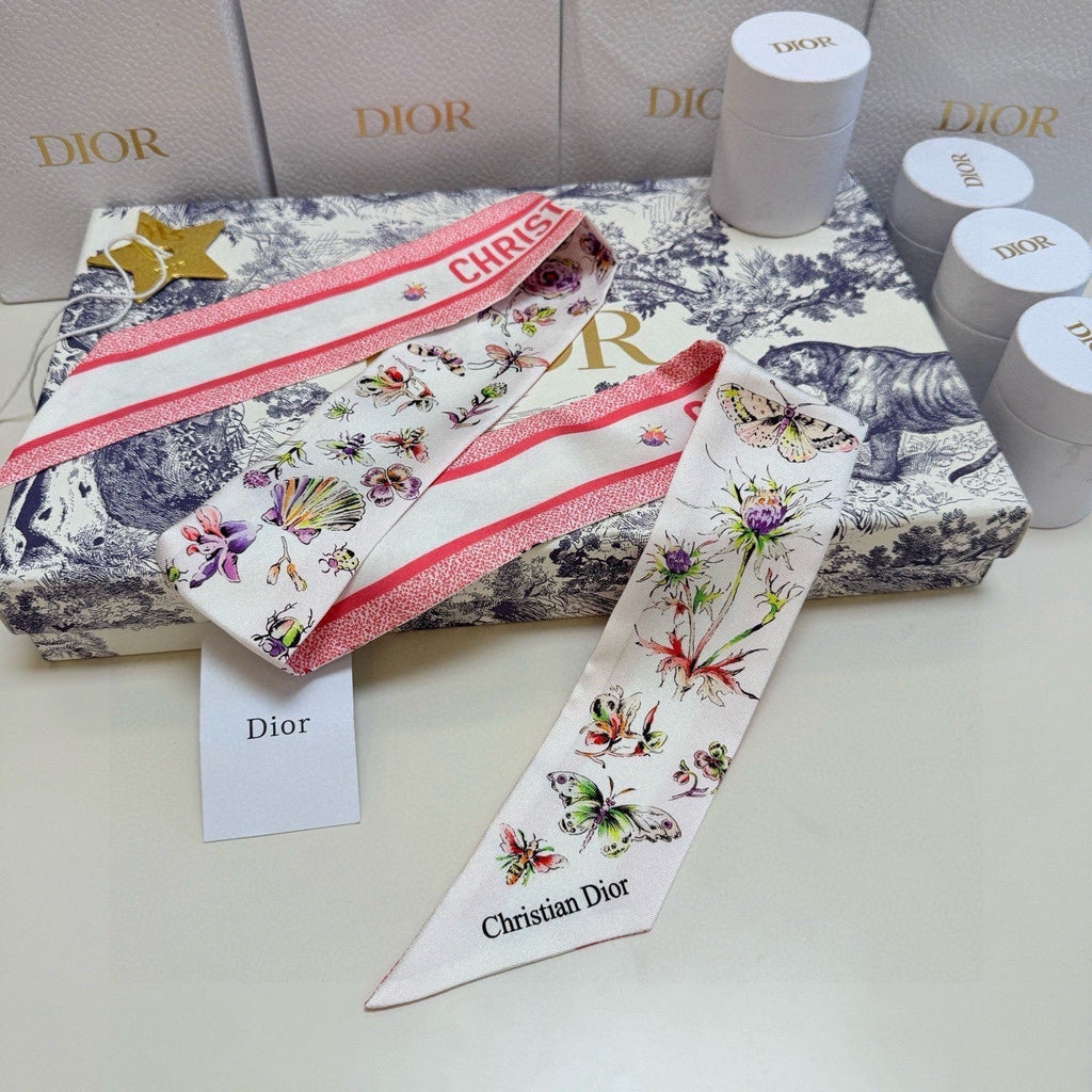 CD Twilly Mini Scarf 105 White Pink Silk Twill 147651