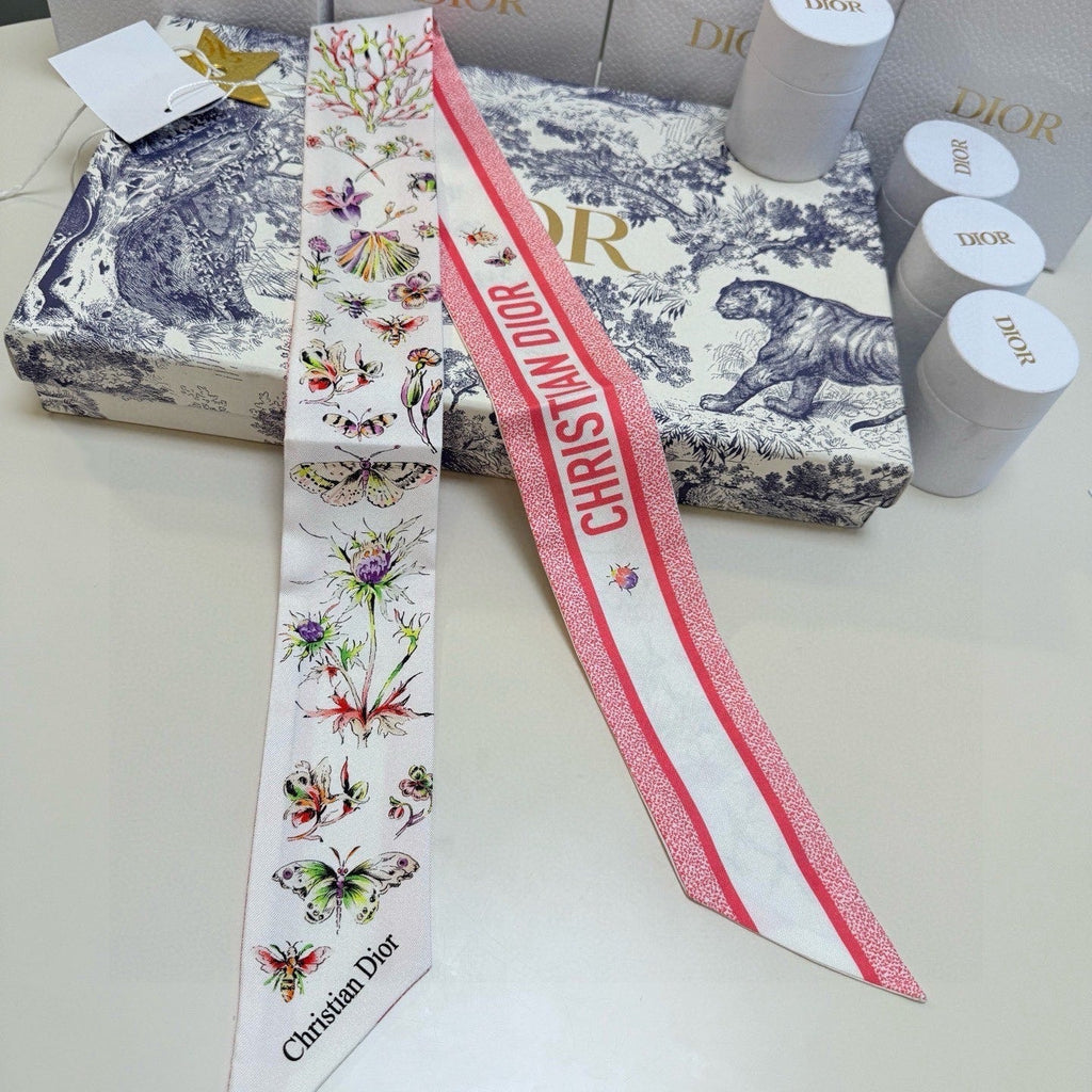 CD Twilly Mini Scarf 105 White Pink Silk Twill 147651