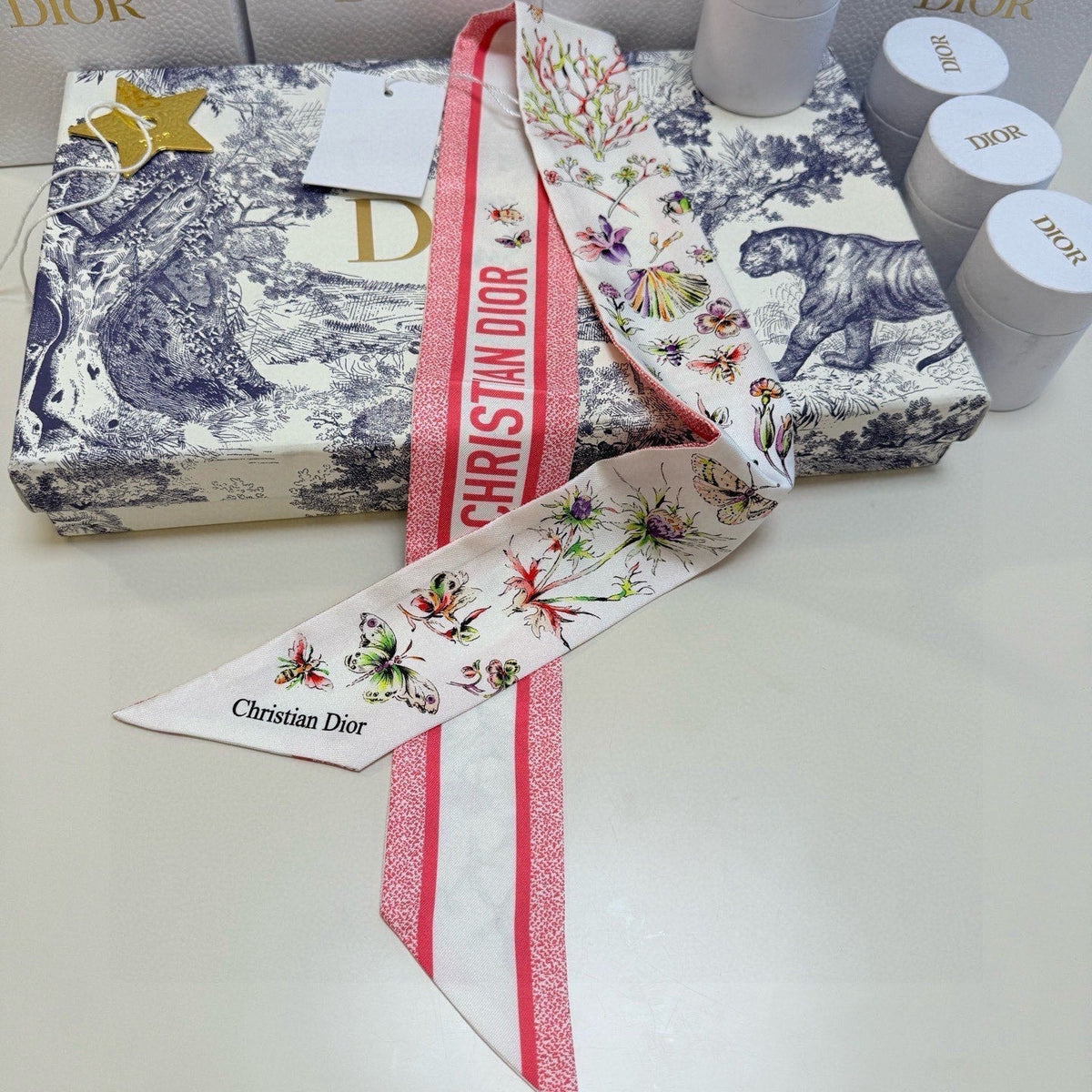 CD Twilly Mini Scarf 105 White Pink Silk Twill 147651