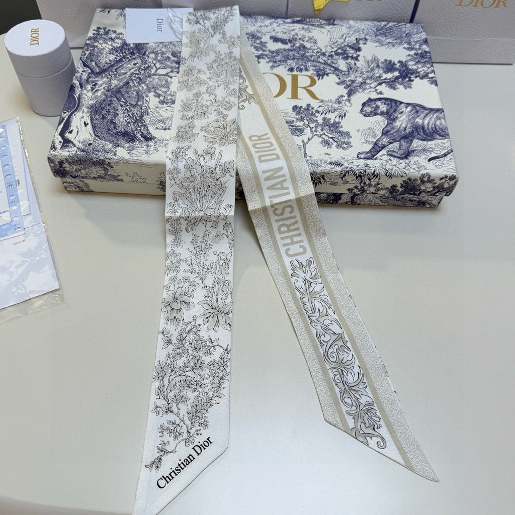 CD Twilly Mini Scarf 105 Ivory Gray Silk Twill 147653