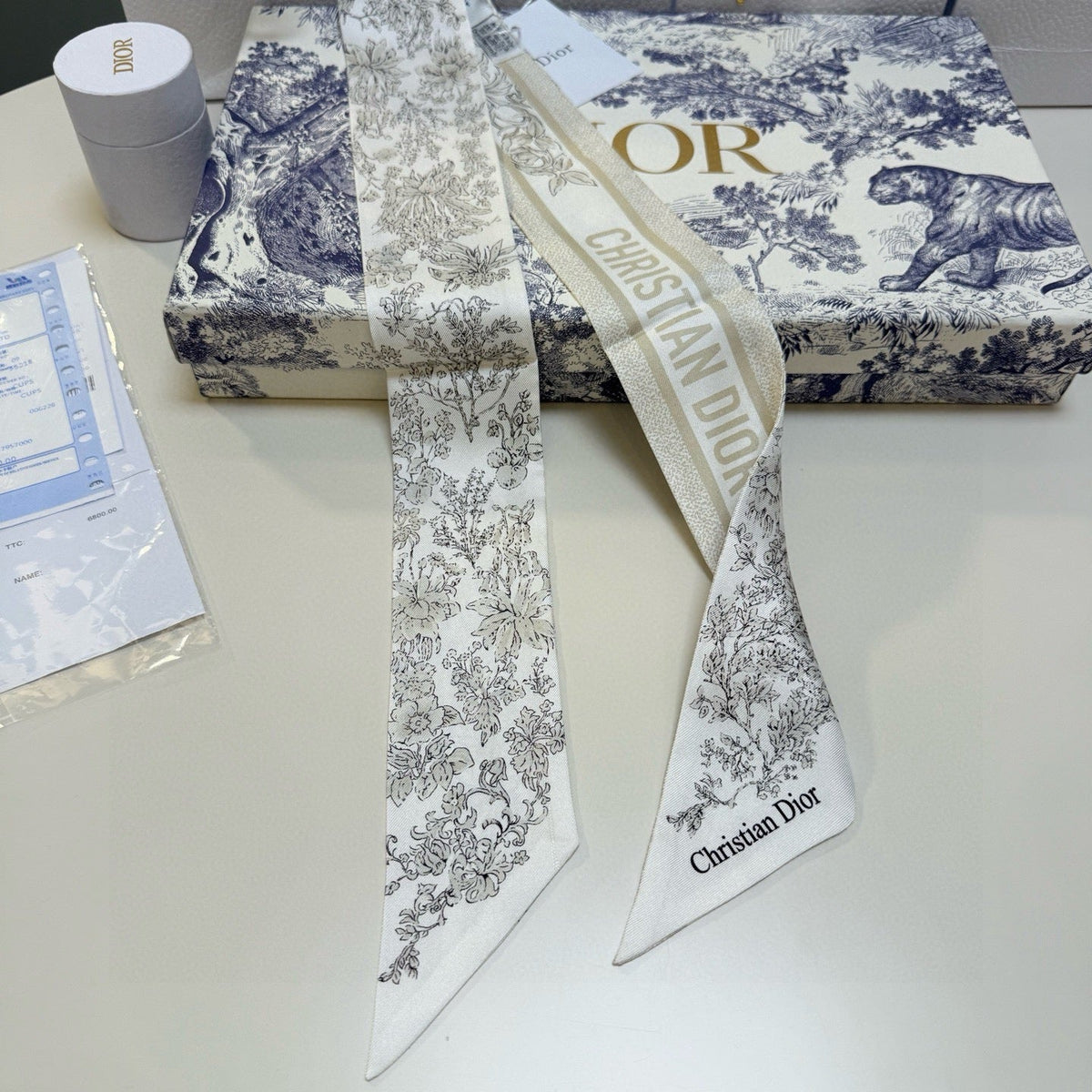 CD Twilly Mini Scarf 105 Ivory Gray Silk Twill 147653