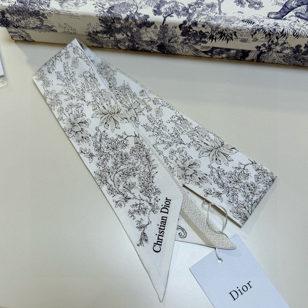 CD Twilly Mini Scarf 105 Ivory Gray Silk Twill 147653