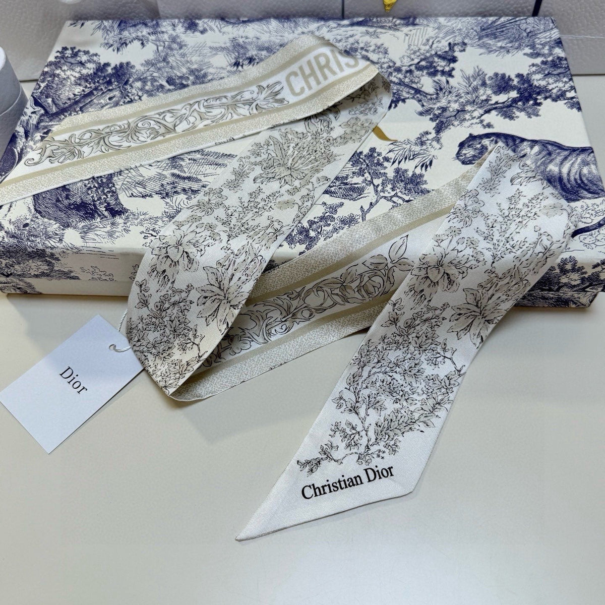 CD Twilly Mini Scarf 105 Ivory Gray Silk Twill 147653