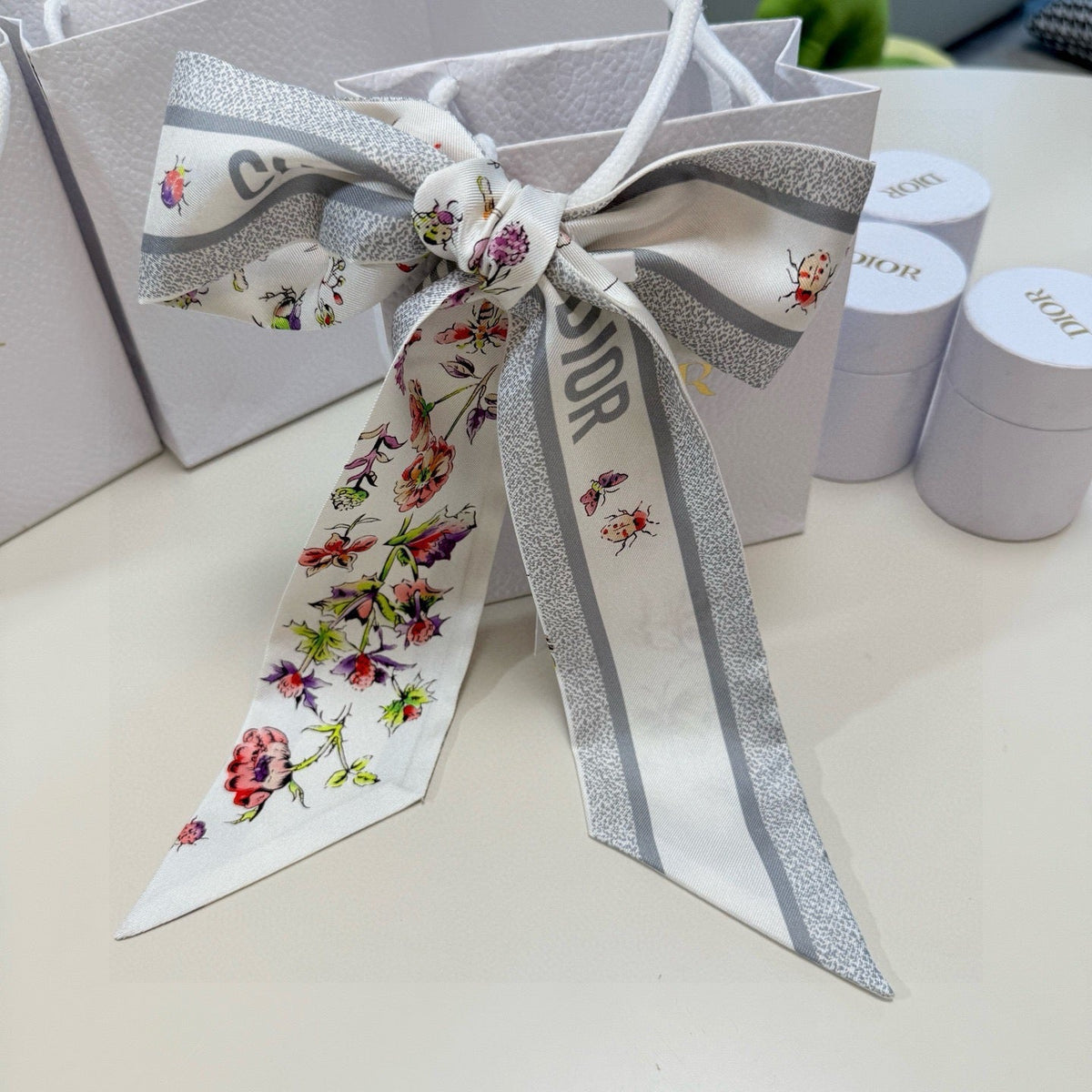 CD Twilly Mini Scarf 105 White Gray Silk Twill 147652
