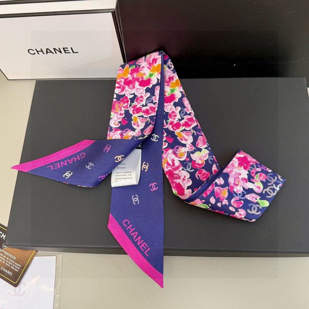CC Twilly Mini Scarf 105 Navy Blue Pink Floral Pattern Silk Twill 147665