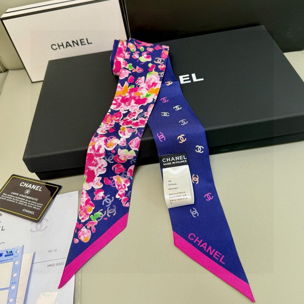CC Twilly Mini Scarf 105 Navy Blue Pink Floral Pattern Silk Twill 147665