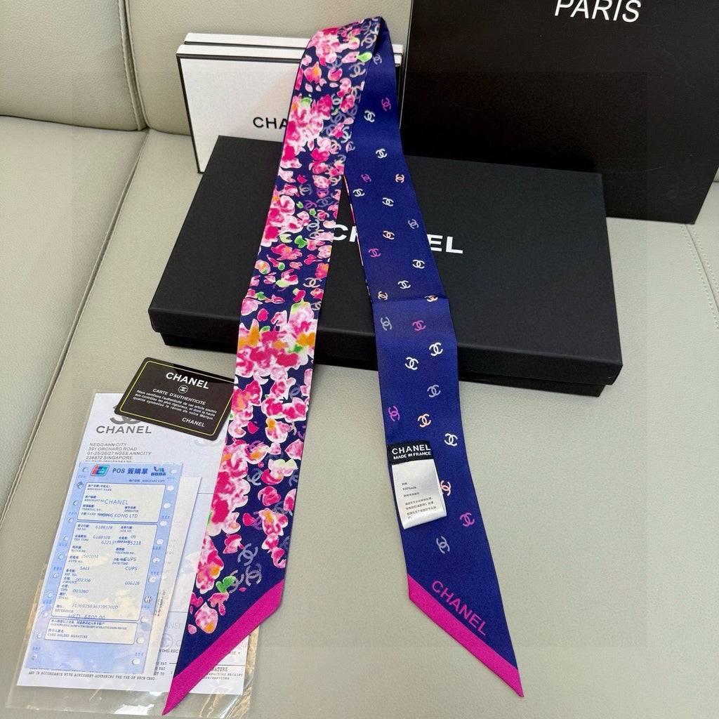 CC Twilly Mini Scarf 105 Navy Blue Pink Floral Pattern Silk Twill 147665