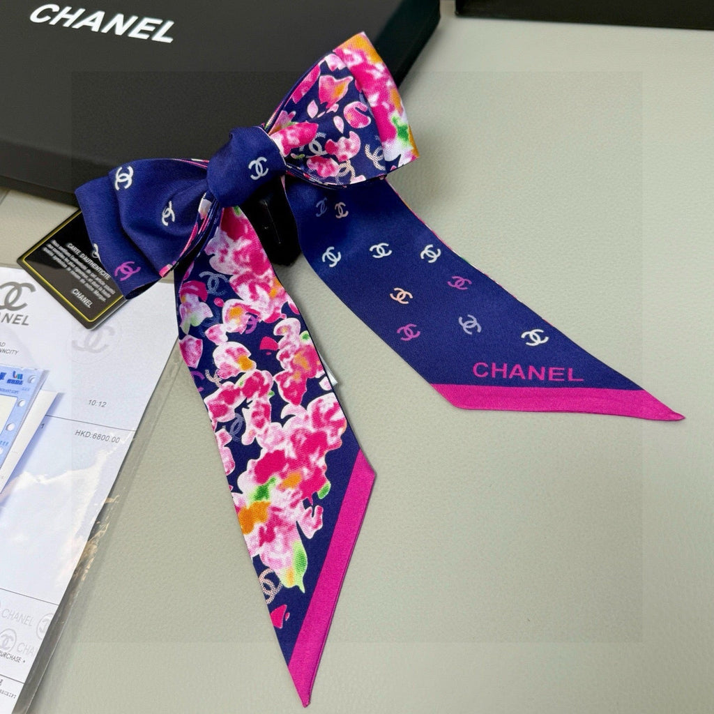 CC Twilly Mini Scarf 105 Navy Blue Pink Floral Pattern Silk Twill 147665