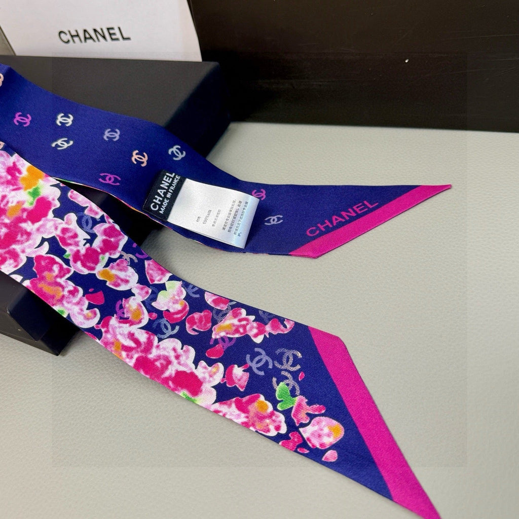 CC Twilly Mini Scarf 105 Navy Blue Pink Floral Pattern Silk Twill 147665