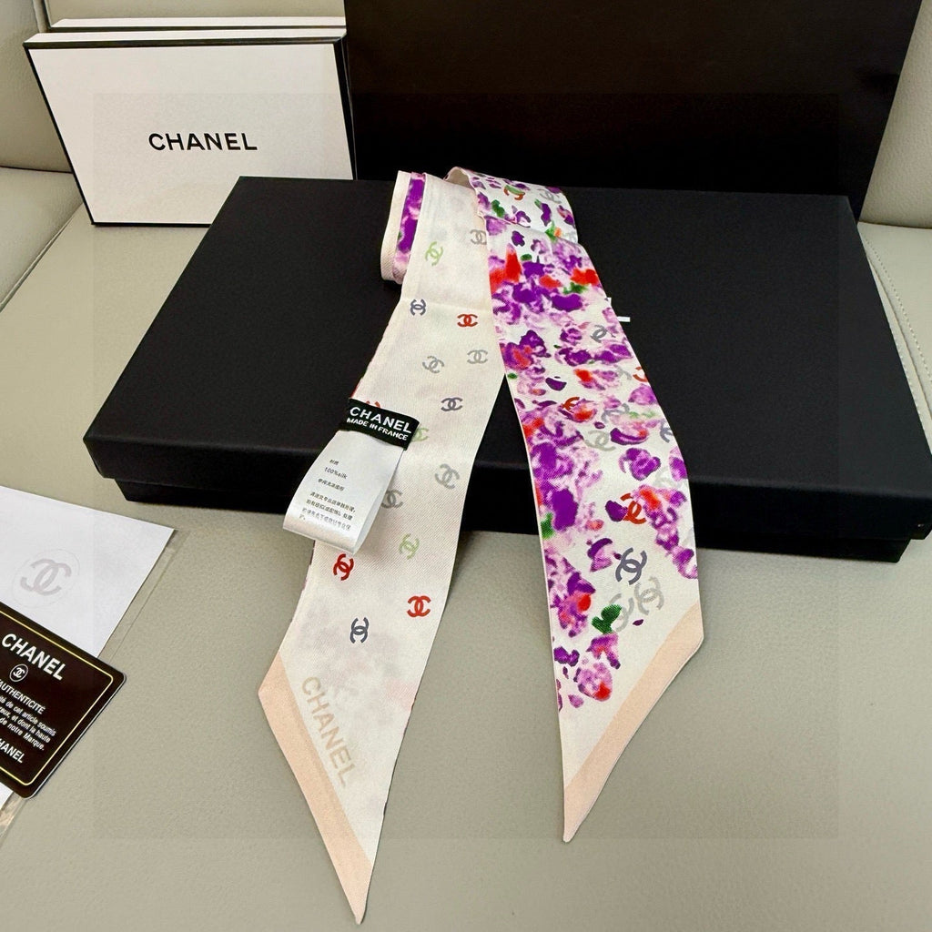 CC Twilly Mini Scarf 105 White Purple Floral Pattern Silk Twill 147666
