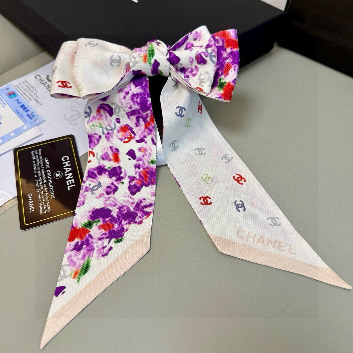 CC Twilly Mini Scarf 105 White Purple Floral Pattern Silk Twill 147666