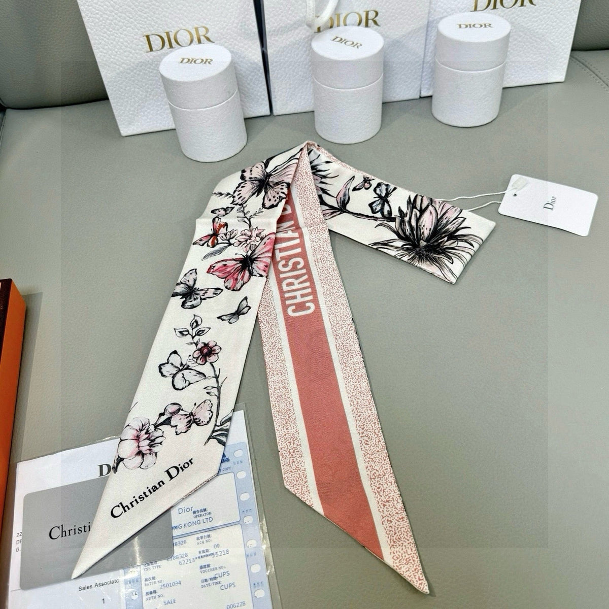 CD Twilly Mini Scarf 105 Ivory Pink Silk Twill 153193