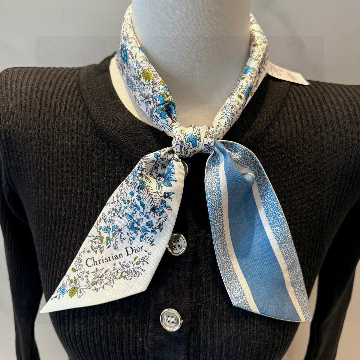 CD Twilly Mini Scarf 105 Ivory Navy Blue Silk Twill 153195