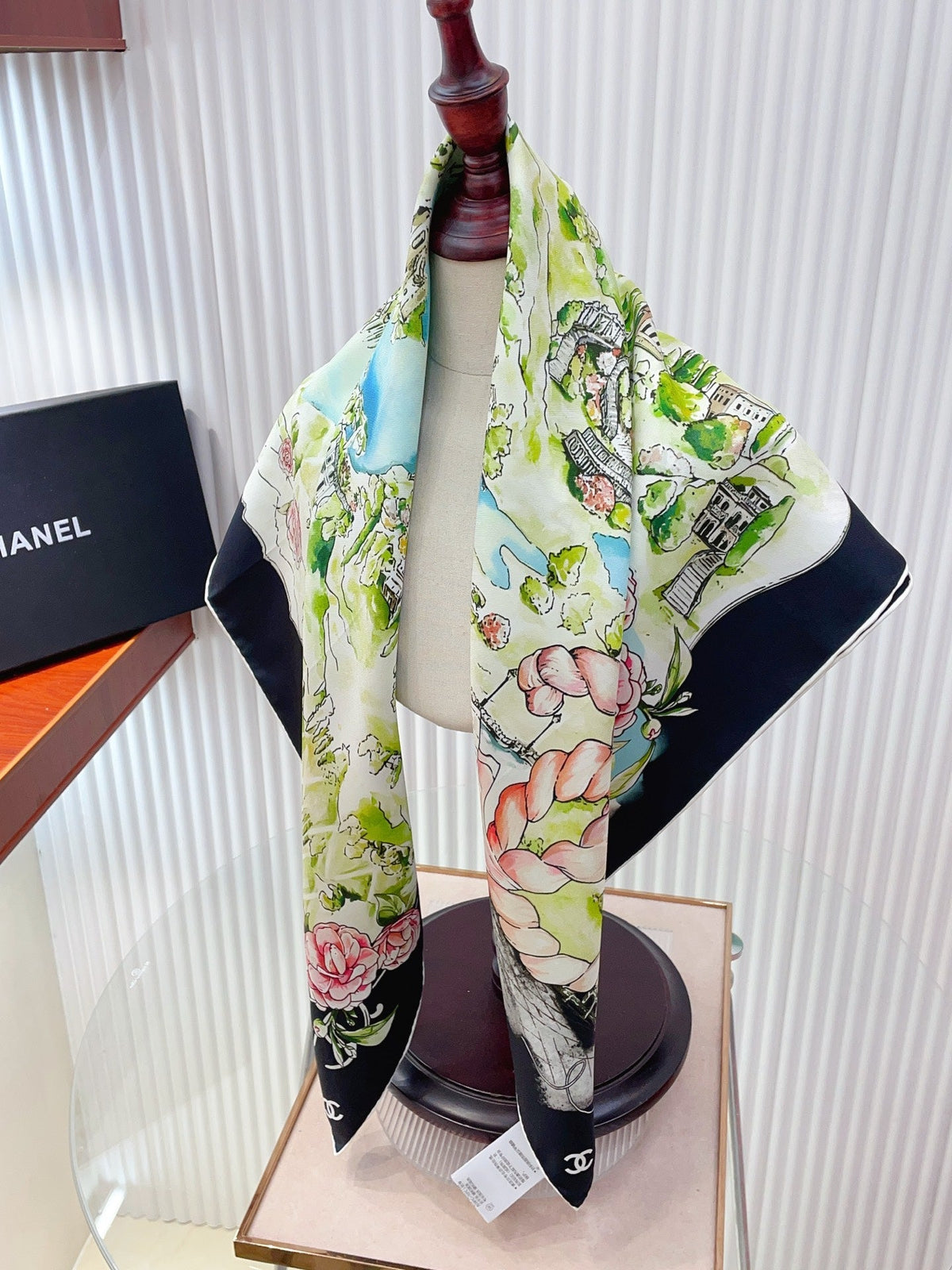 Chanel Square Scarf 90cm Navy Blue Multicolor Twill Silk 136607