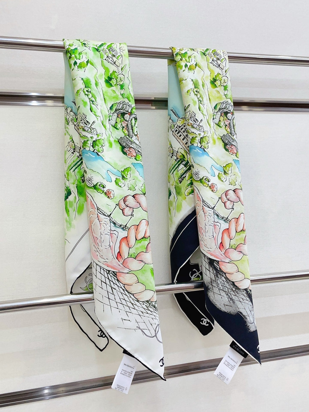 Chanel Square Scarf 90cm White Green Pastel Multicolor Twill Silk 136608