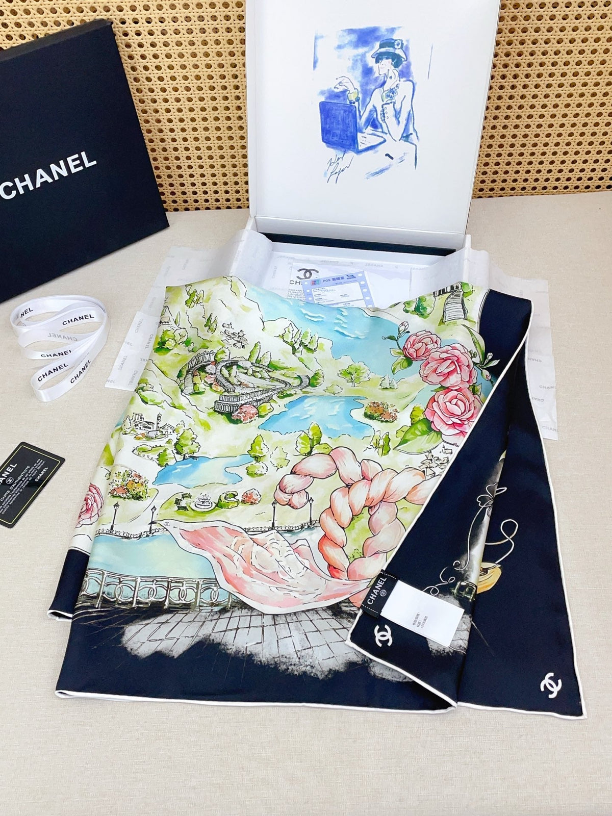 Chanel Square Scarf 90cm Navy Blue Multicolor Twill Silk 136607
