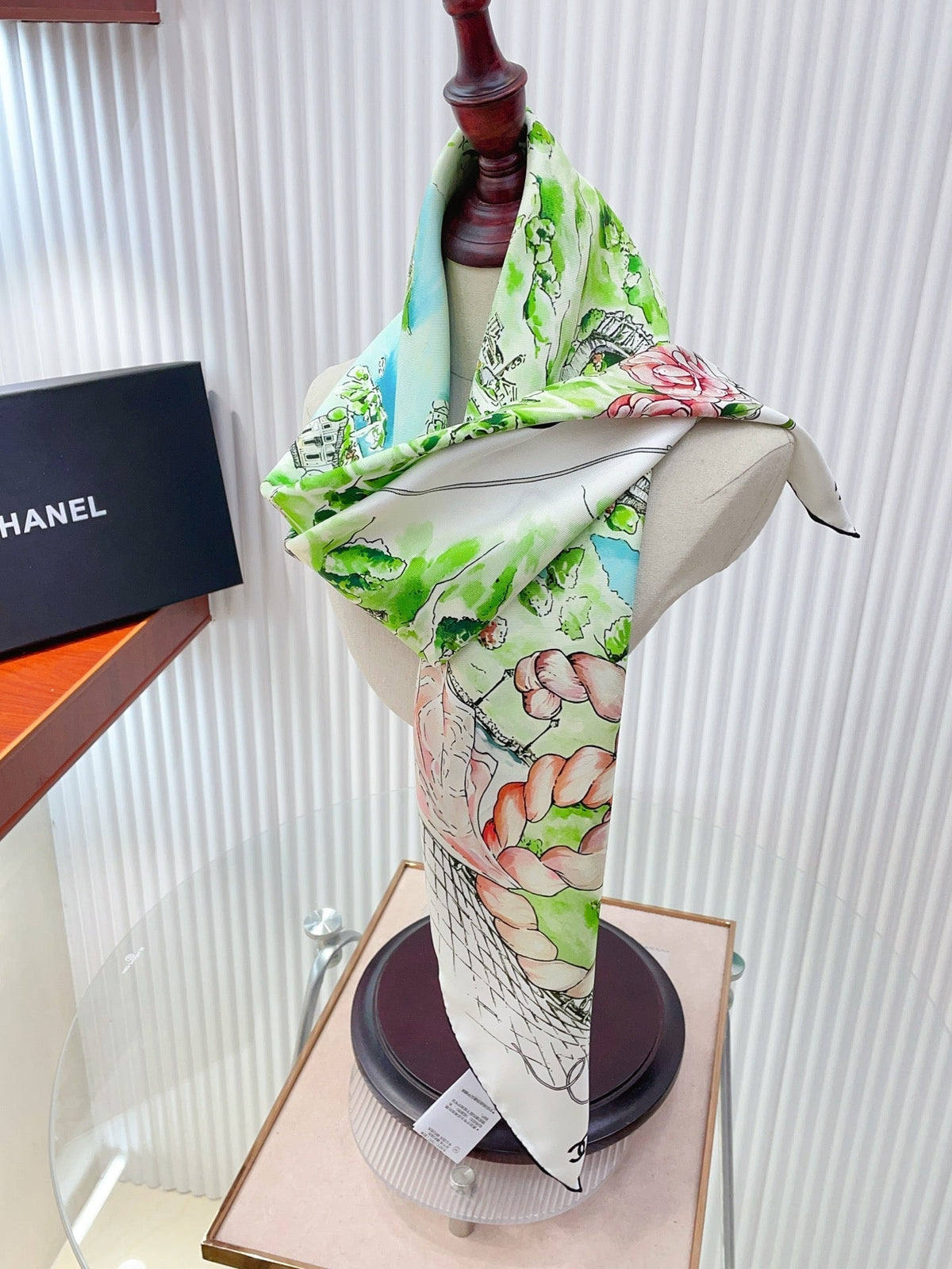Chanel Square Scarf 90cm White Green Pastel Multicolor Twill Silk 136608