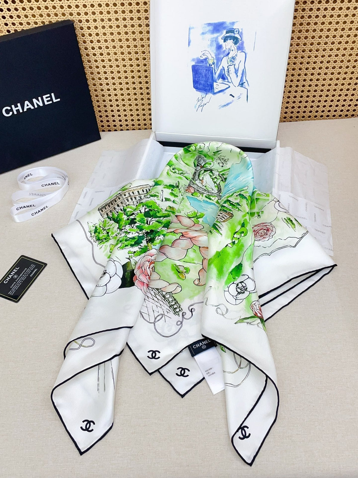 Chanel Square Scarf 90cm White Green Pastel Multicolor Twill Silk 136608
