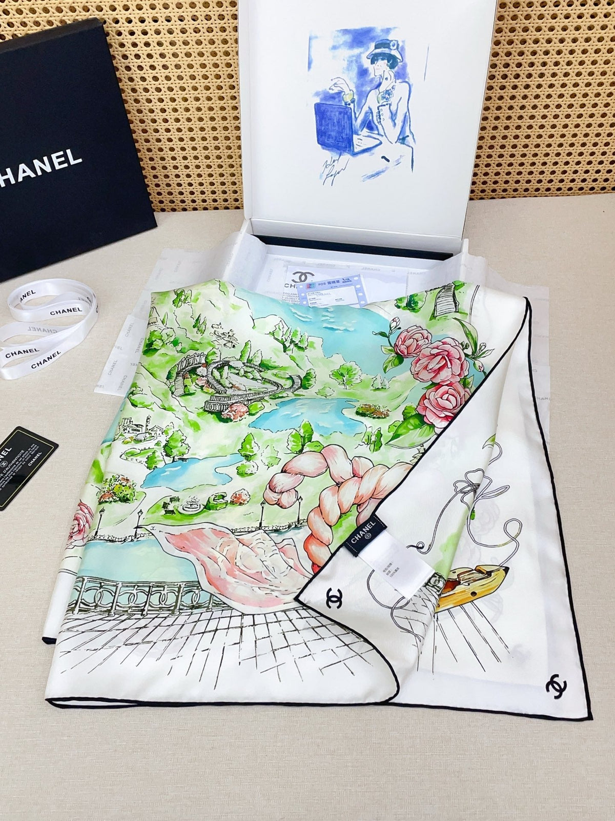 Chanel Square Scarf 90cm White Green Pastel Multicolor Twill Silk 136608