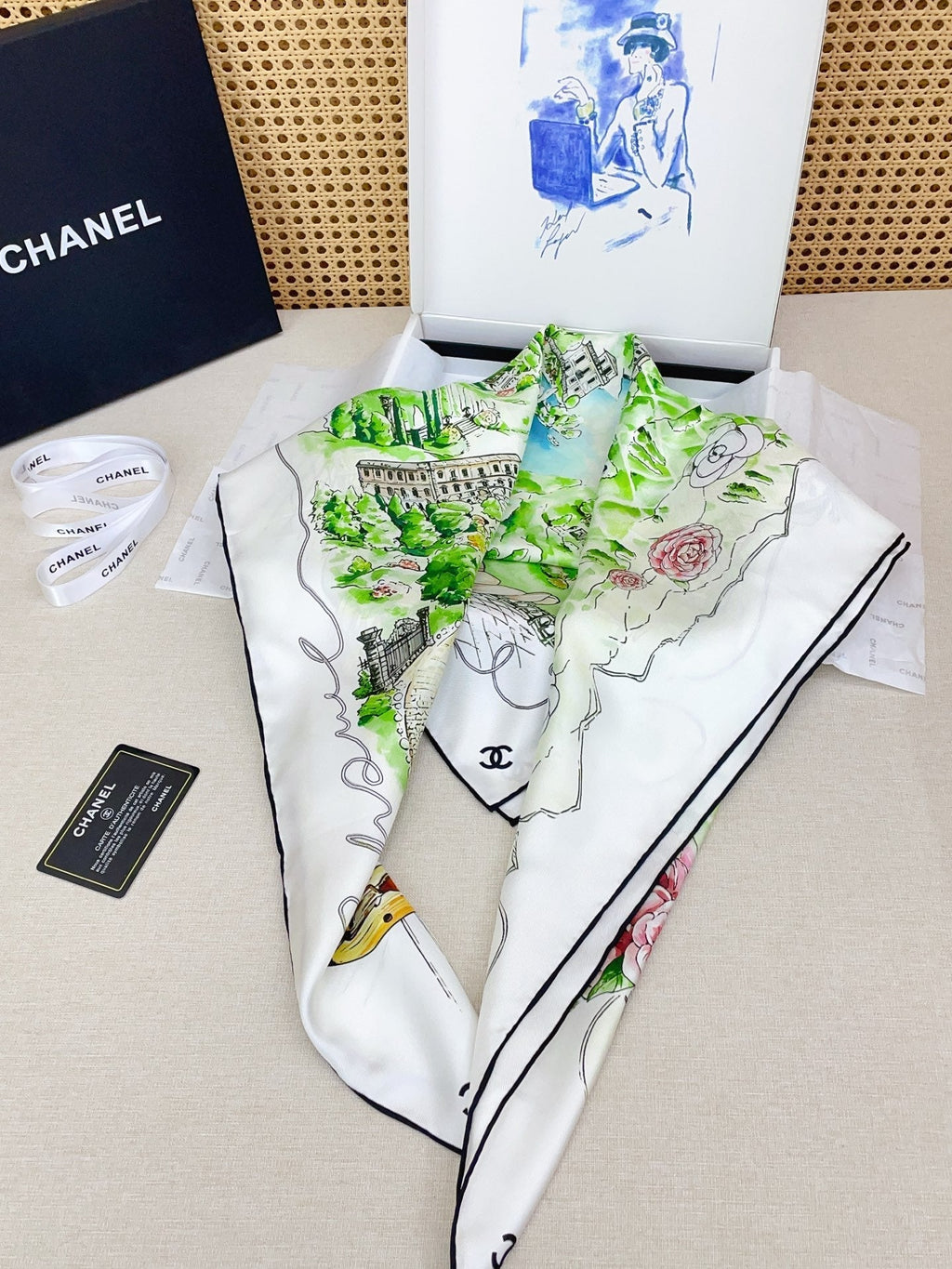 Chanel Square Scarf 90cm White Green Pastel Multicolor Twill Silk 136608