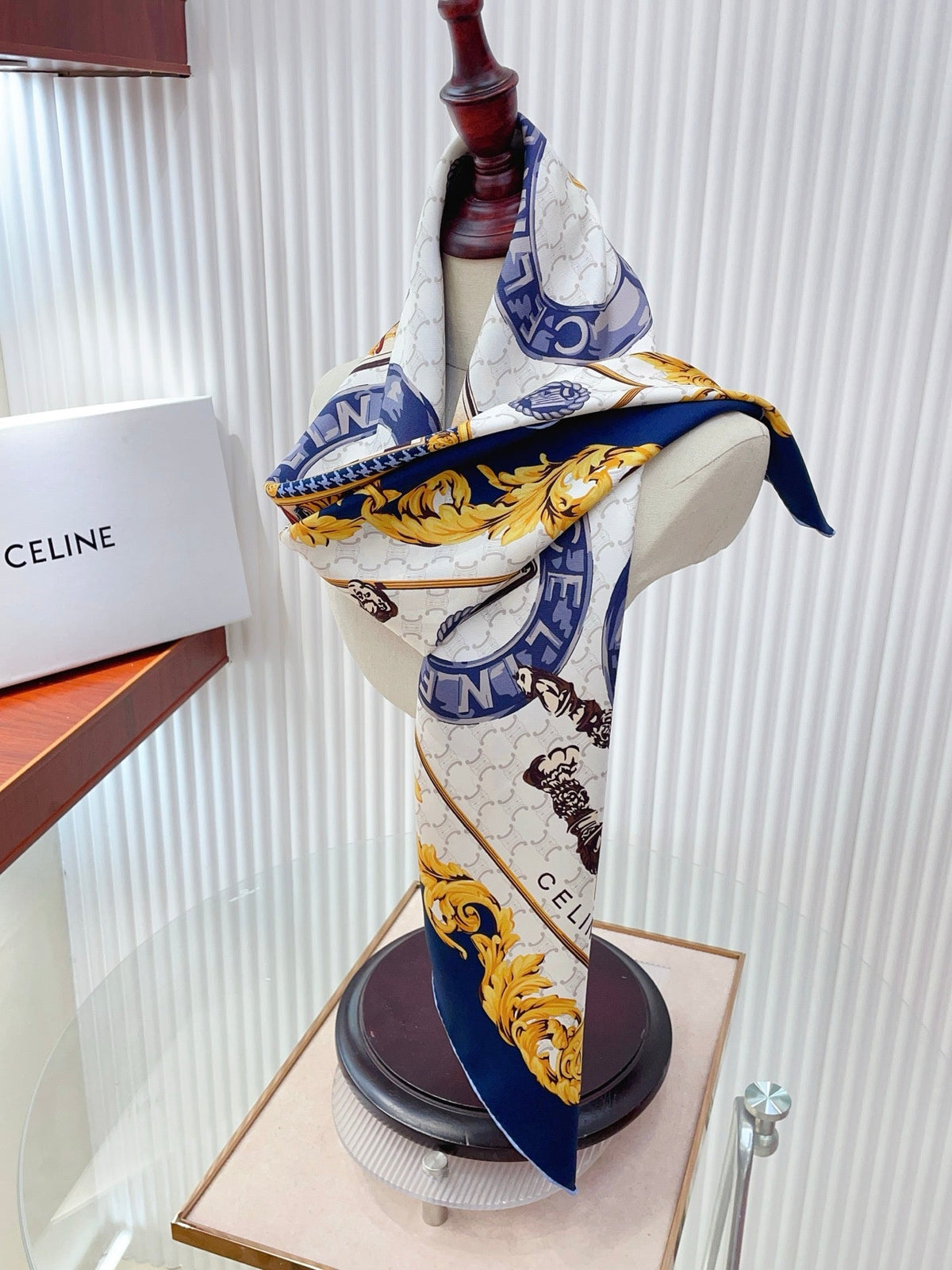 Celine 26s Scarf 90x90 Navy Blue Colorful Twill Silk 212024