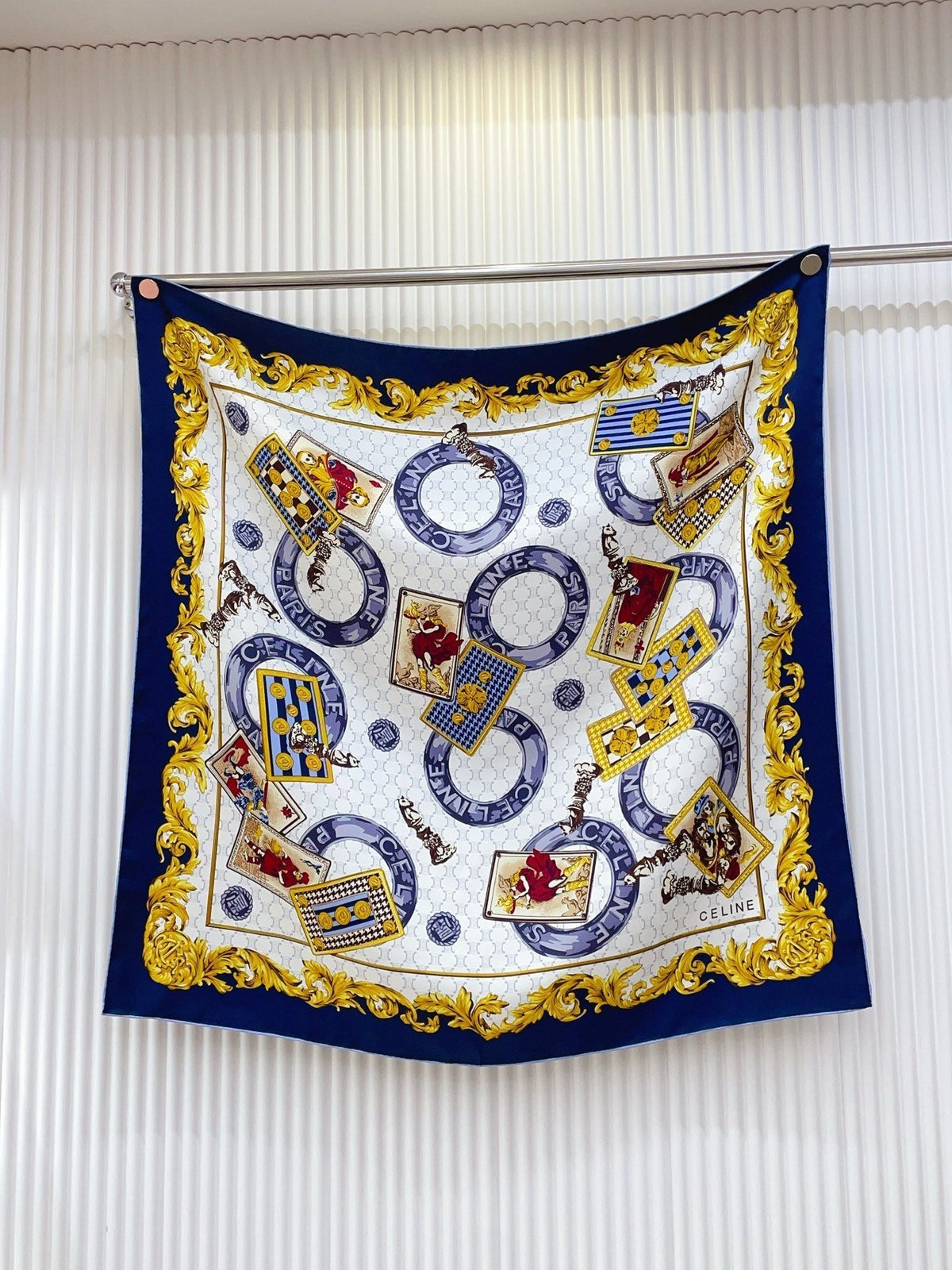 Celine 26s Scarf 90x90 Navy Blue Colorful Twill Silk 212024