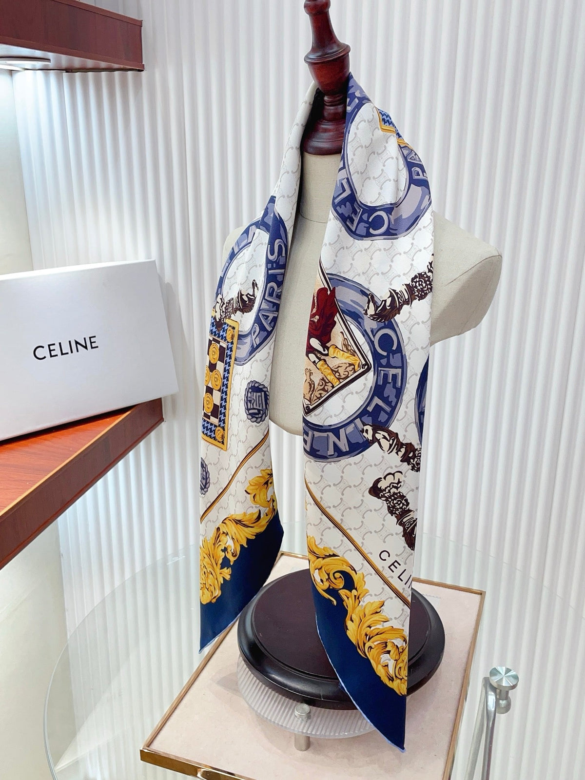 Celine 26s Scarf 90x90 Navy Blue Colorful Twill Silk 212024