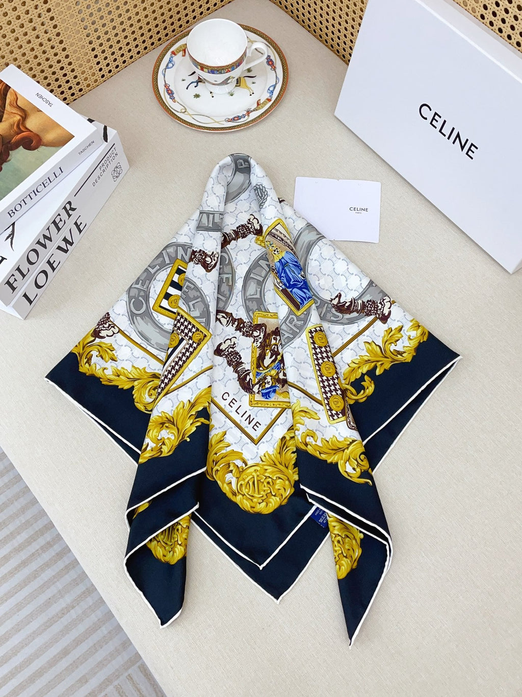 Celine 26s Scarf 90x90 Black Colorful Twill Silk 212025
