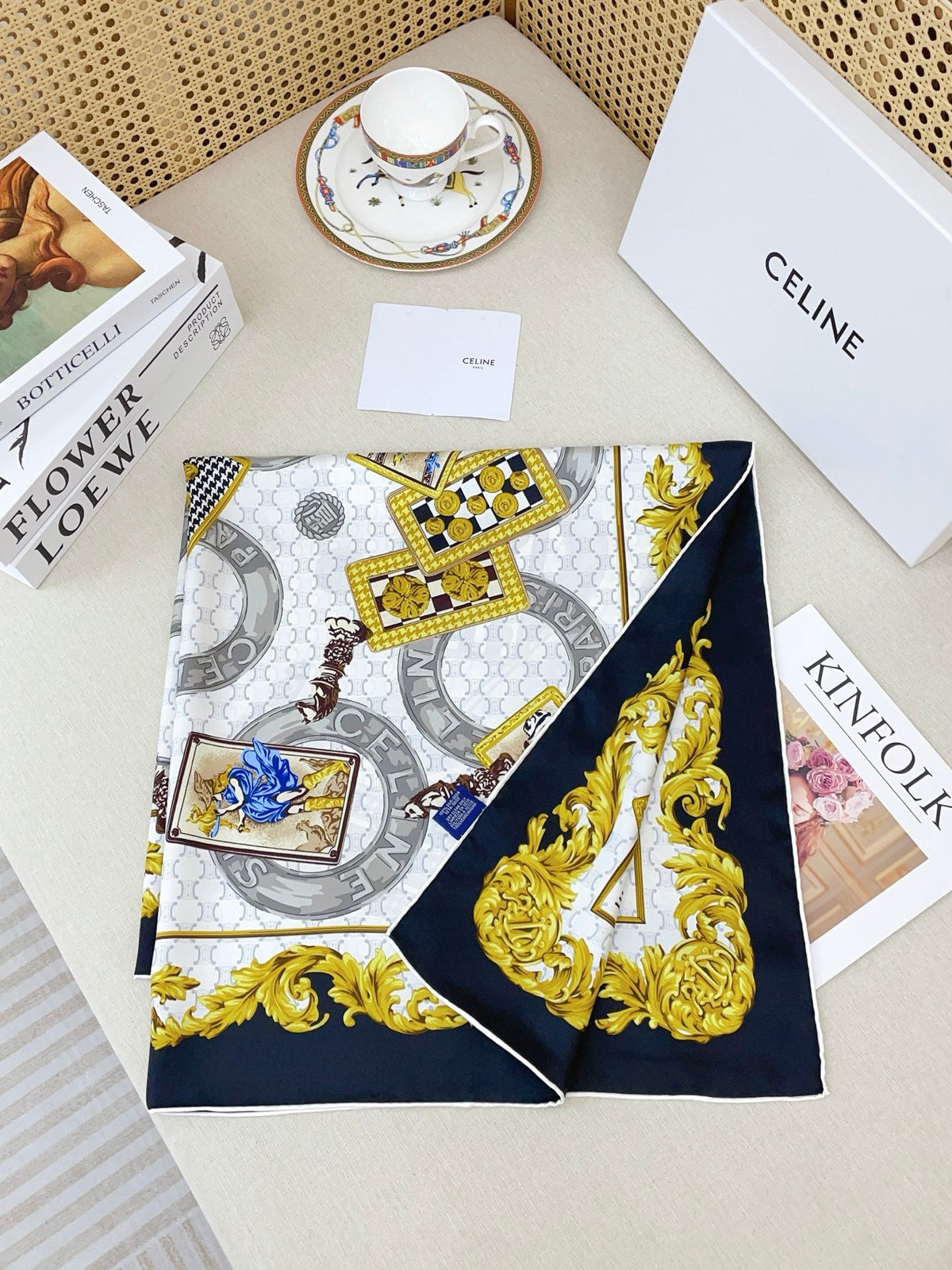 Celine 26s Scarf 90x90 Black Colorful Twill Silk 212025